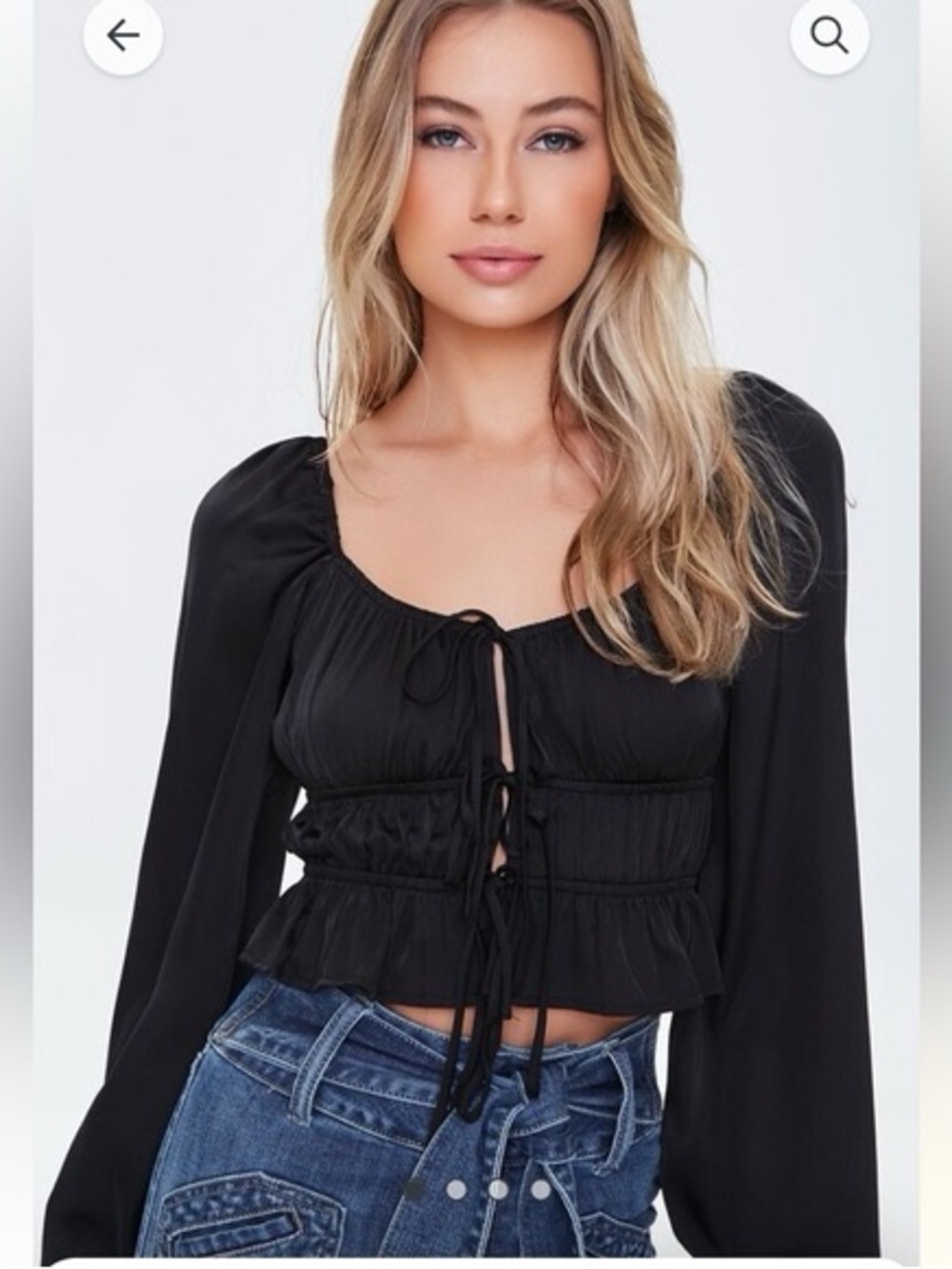 Forever 21 Black satin long-sleeve crop top ruched bodice and front tie closure